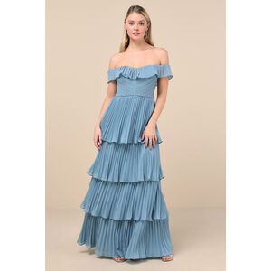 Lulus Always Remarkable Slate Blue Pleated Off-the-shoulder Maxi Dress - Size S